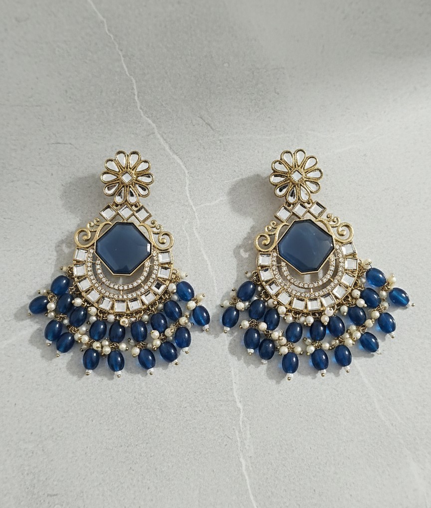 Royal Navy Blue Stone Chaand Baliyan - Image 1