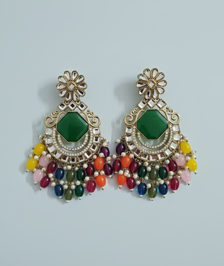 Multi-Color Beaded Chaand Baliyan - Image 1