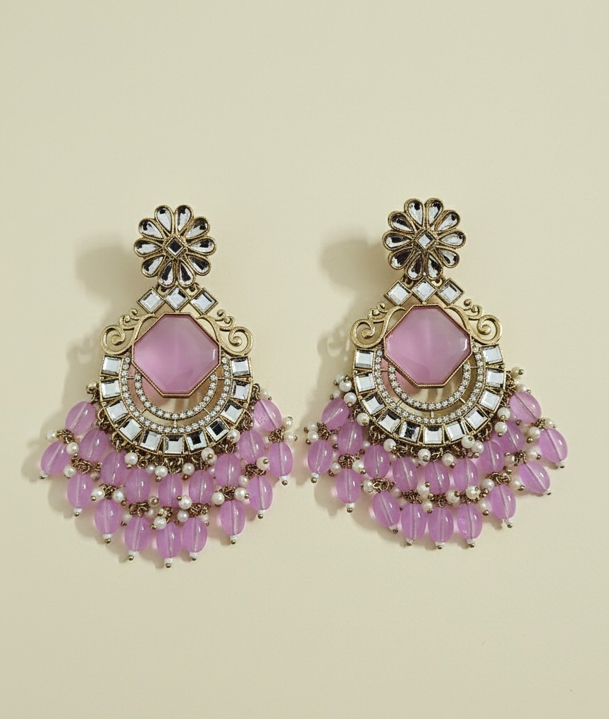 Soft Pink Stone Chaand Baliyan - Image 1