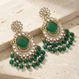 Traditional Emerald Green Stone Chaand Baliyan