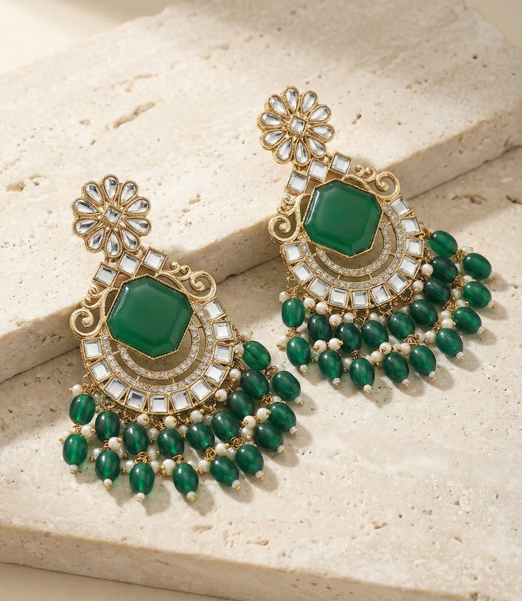 Traditional Emerald Green Stone Chaand Baliyan - Image 1