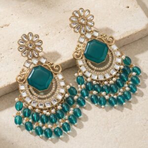Elegant Teal Green Stone Chaand Baliyan