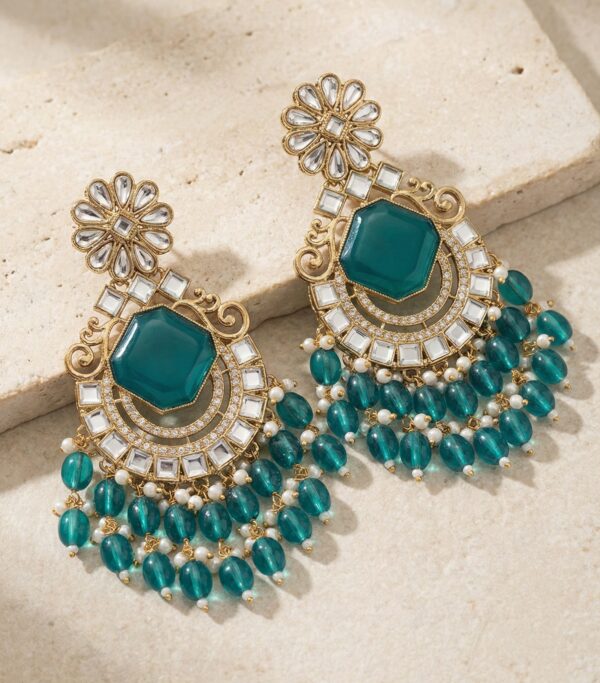 Elegant Teal Green Stone Chaand Baliyan