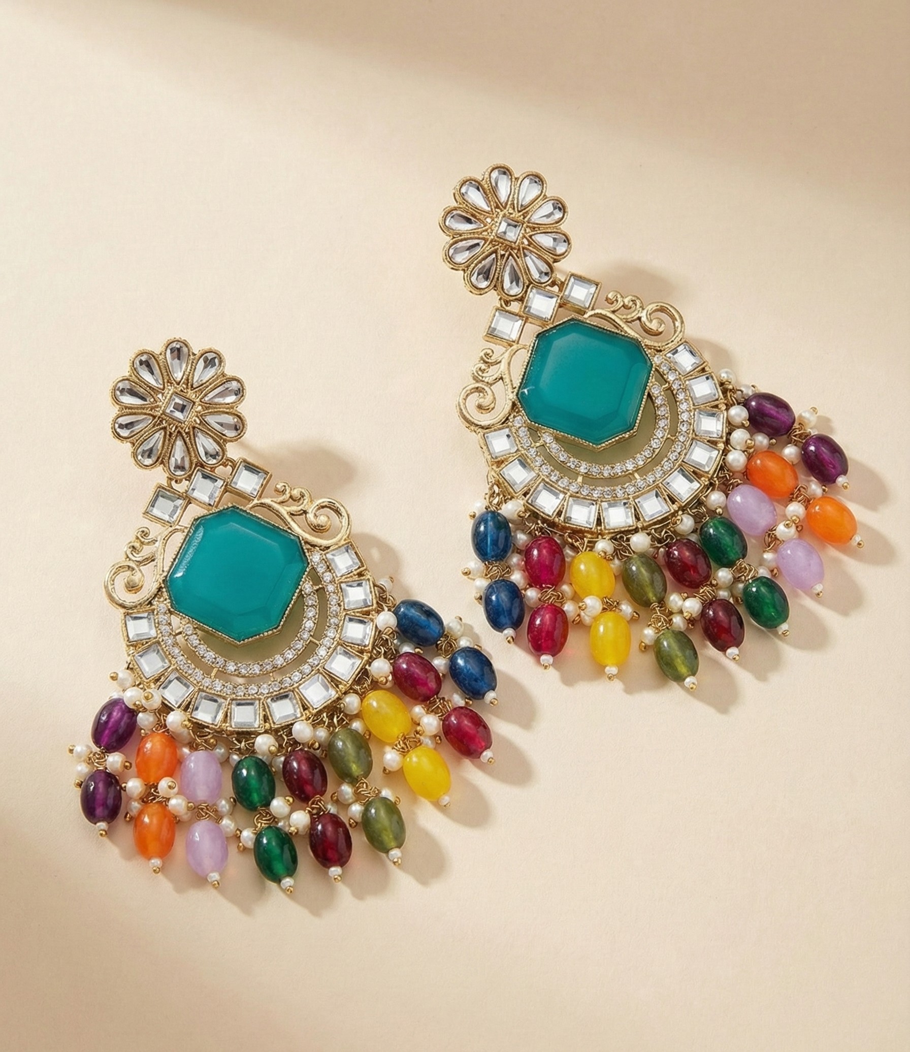 Multi-Color Beaded Traditional Chaand Baliyan Earrings - Image 1