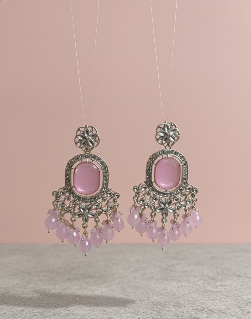 Blush Pink Chandelier Earrings with Silver Filigree & Bead Drops | PocketStone - Image 1