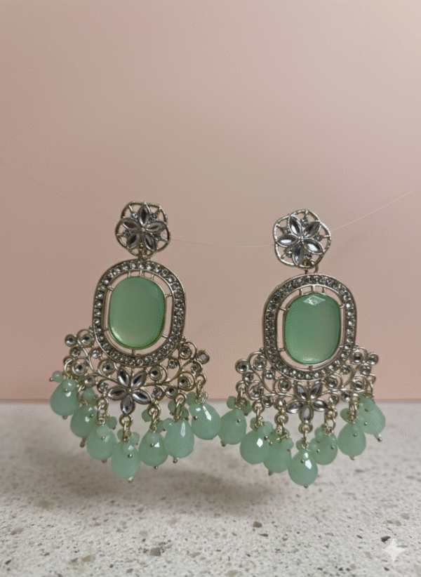 Mint Green Chandelier Earrings with Silver Filigree & Bead Drops | PocketStone