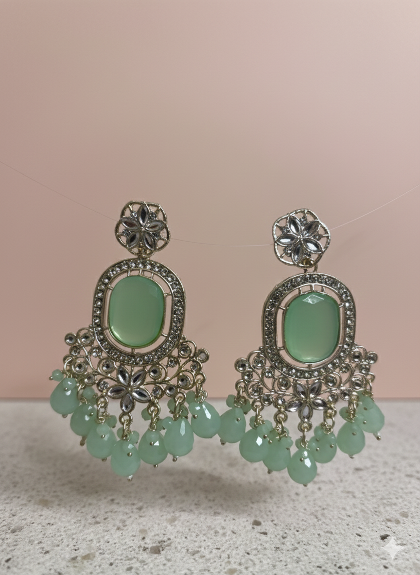 Mint Green Chandelier Earrings with Silver Filigree & Bead Drops | PocketStone - Image 1