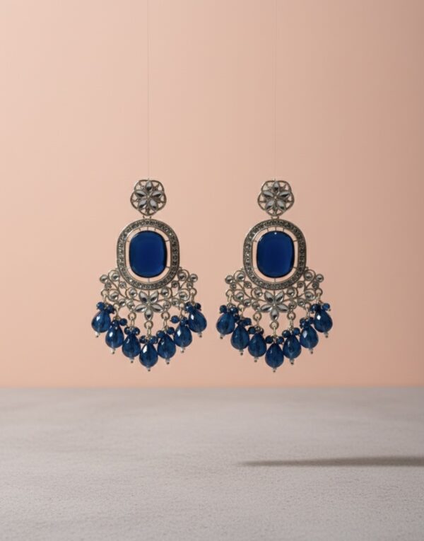Royal Blue Stone Chandelier Earrings with Silver Filigree & Bead Drops | PocketStone