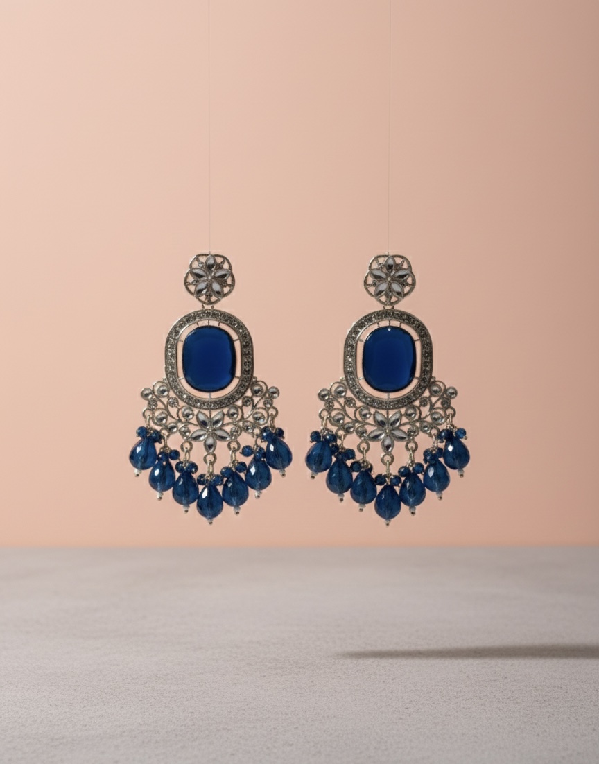 Royal Blue Stone Chandelier Earrings with Silver Filigree & Bead Drops | PocketStone - Image 1