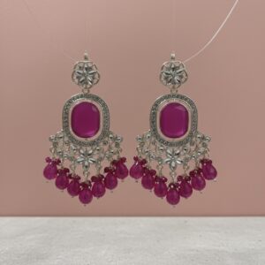 Magenta Stone Chandelier Earrings with Silver Filigree & Bead Drops | PocketStone