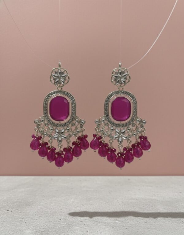 Magenta Stone Chandelier Earrings with Silver Filigree & Bead Drops | PocketStone