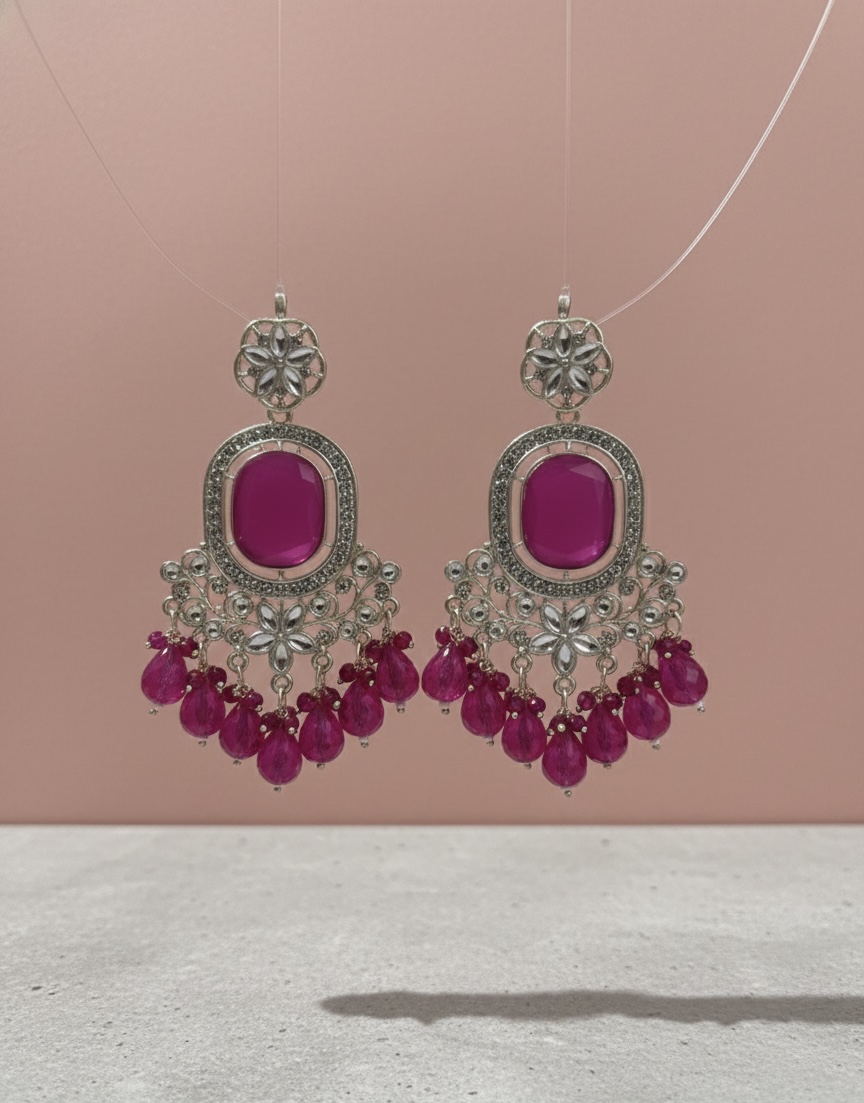 Magenta Stone Chandelier Earrings with Silver Filigree & Bead Drops | PocketStone - Image 1