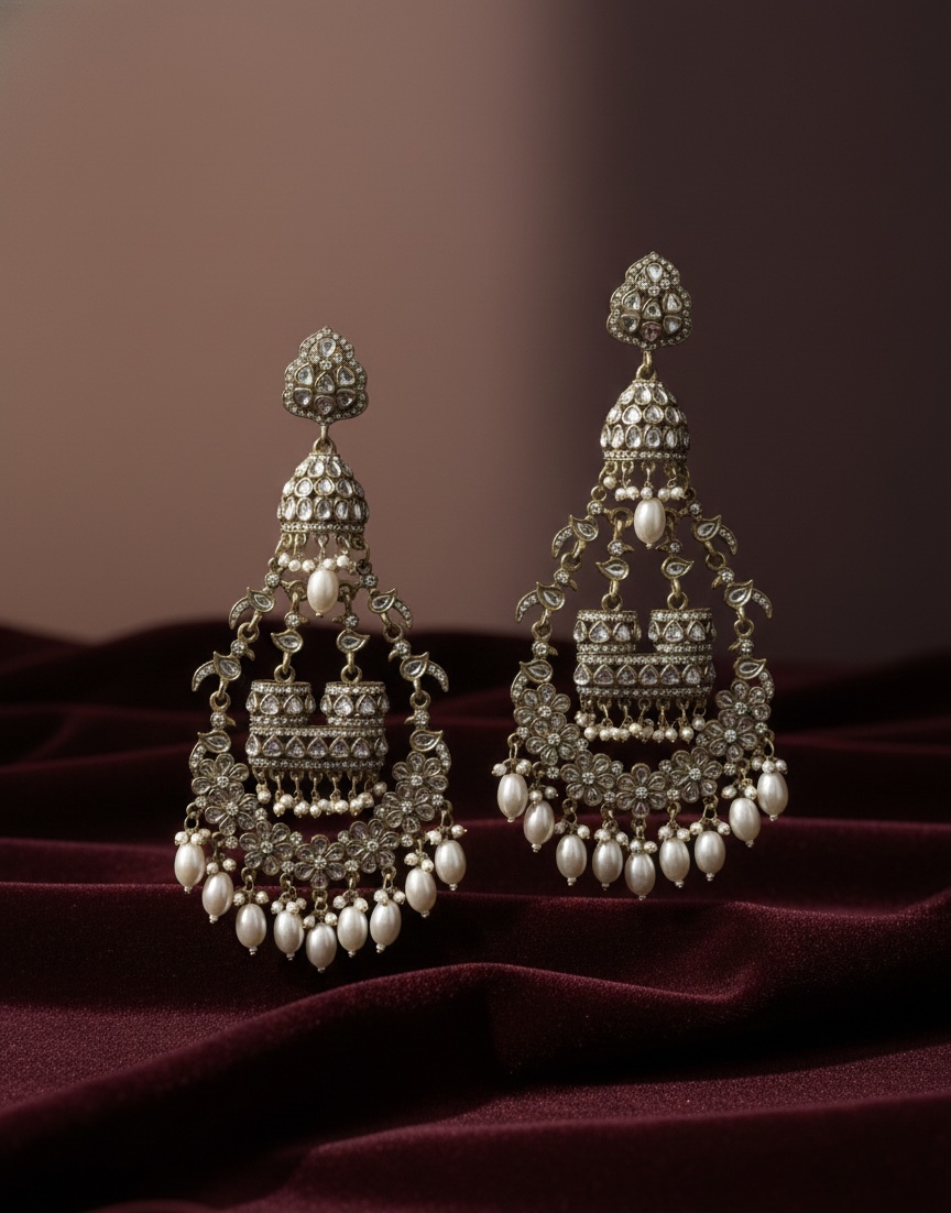 Antique Kashmiri Jhumka Earrings with Pearl Drops | PocketStone - Image 1