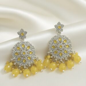 Yellow Stone Chandbali Earrings with Bead Drops