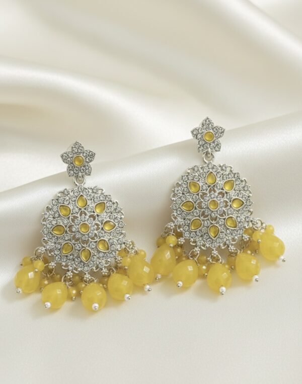 Yellow Stone Chandbali Earrings with Bead Drops
