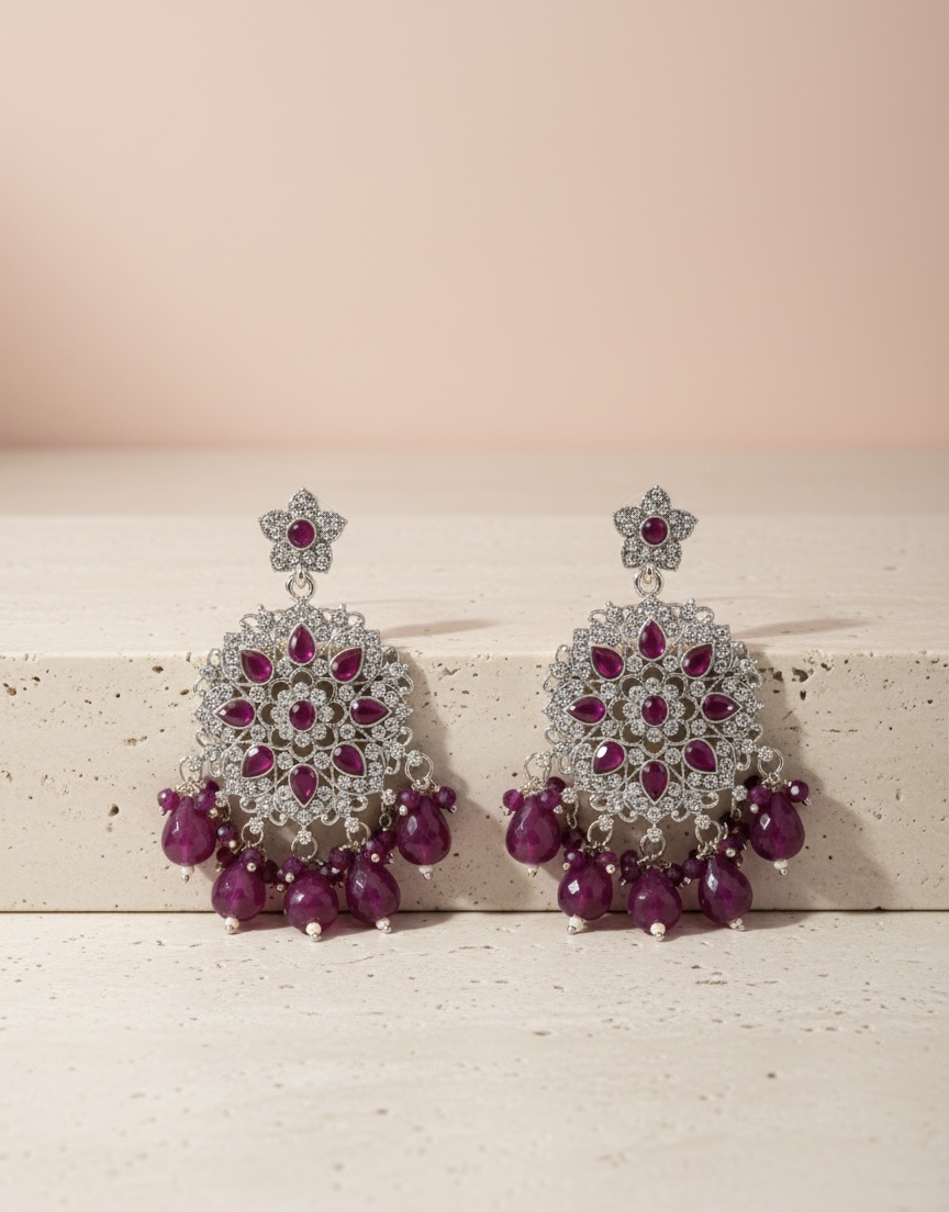 Ruby Bloom Chandbali Earrings with Bead Drops - Image 1