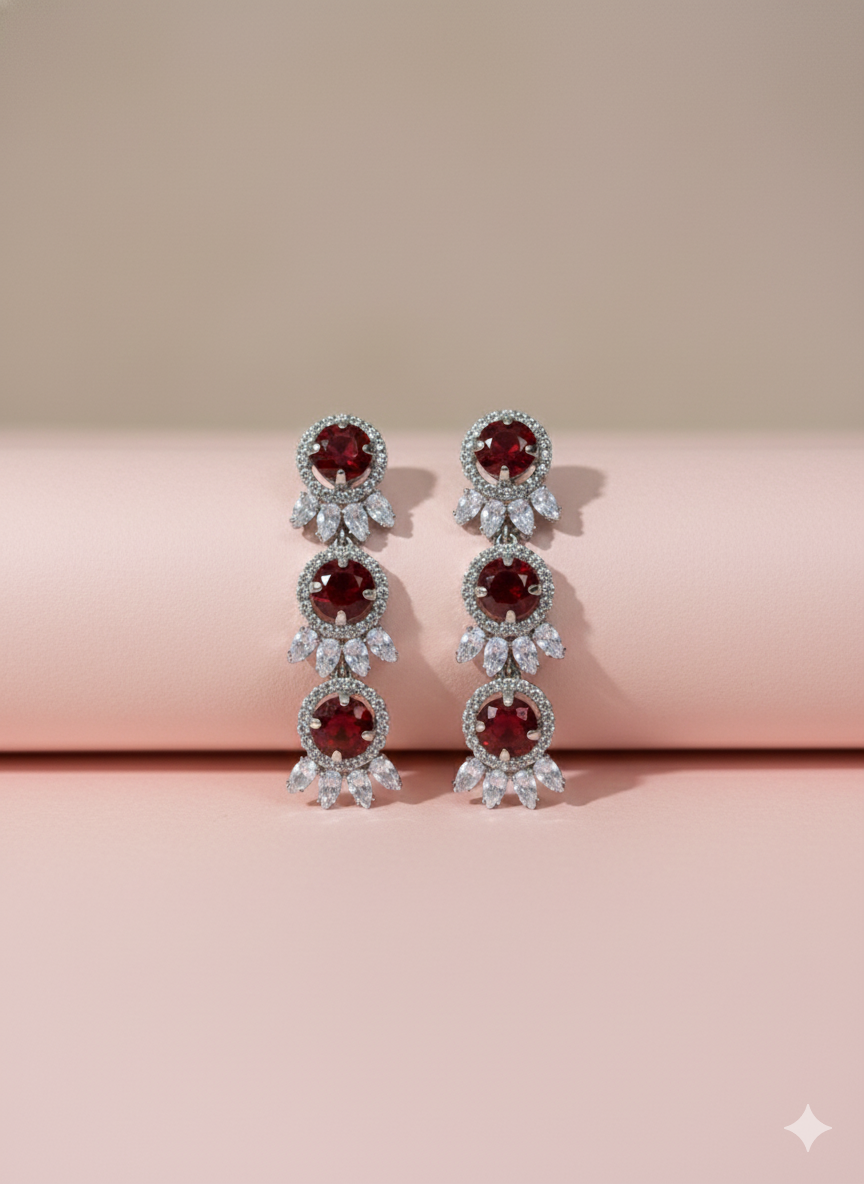 Ruby Crystal Triple-Drop Statement Earrings | Festive & Party Wear - Image 1