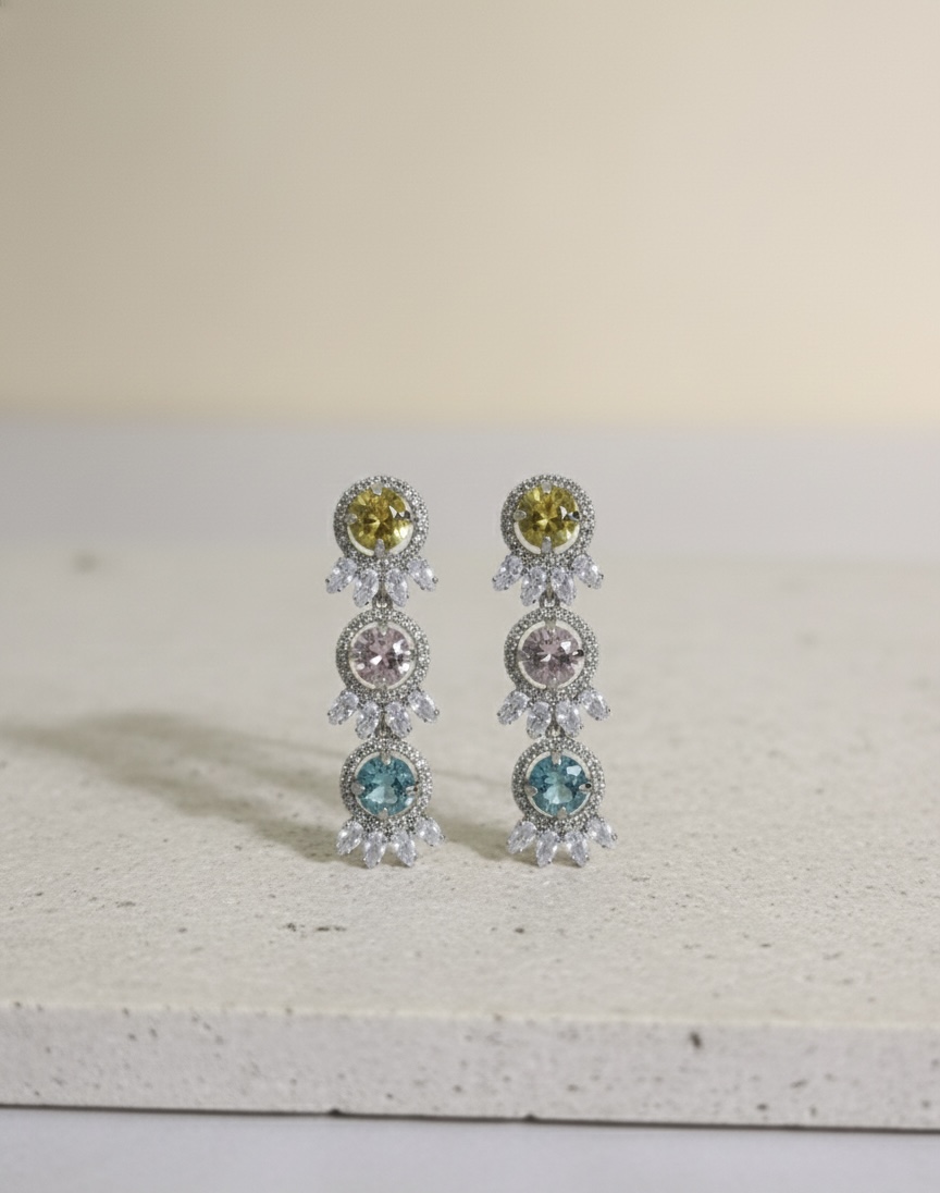 Trio Crystal Multi-Colour Drop Earrings | Elegant Party Statement Piece - Image 1