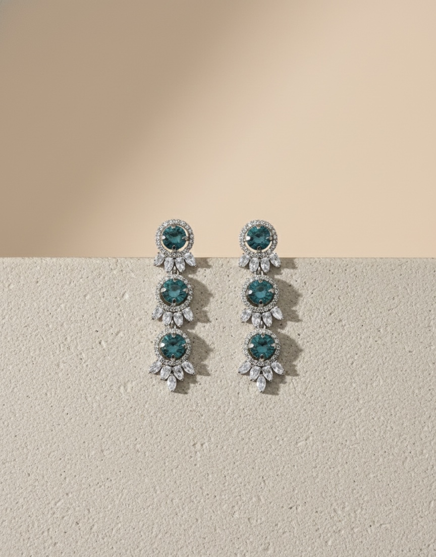 Teal Crystal Drop Earrings | Elegant Statement Party Wear - Image 1
