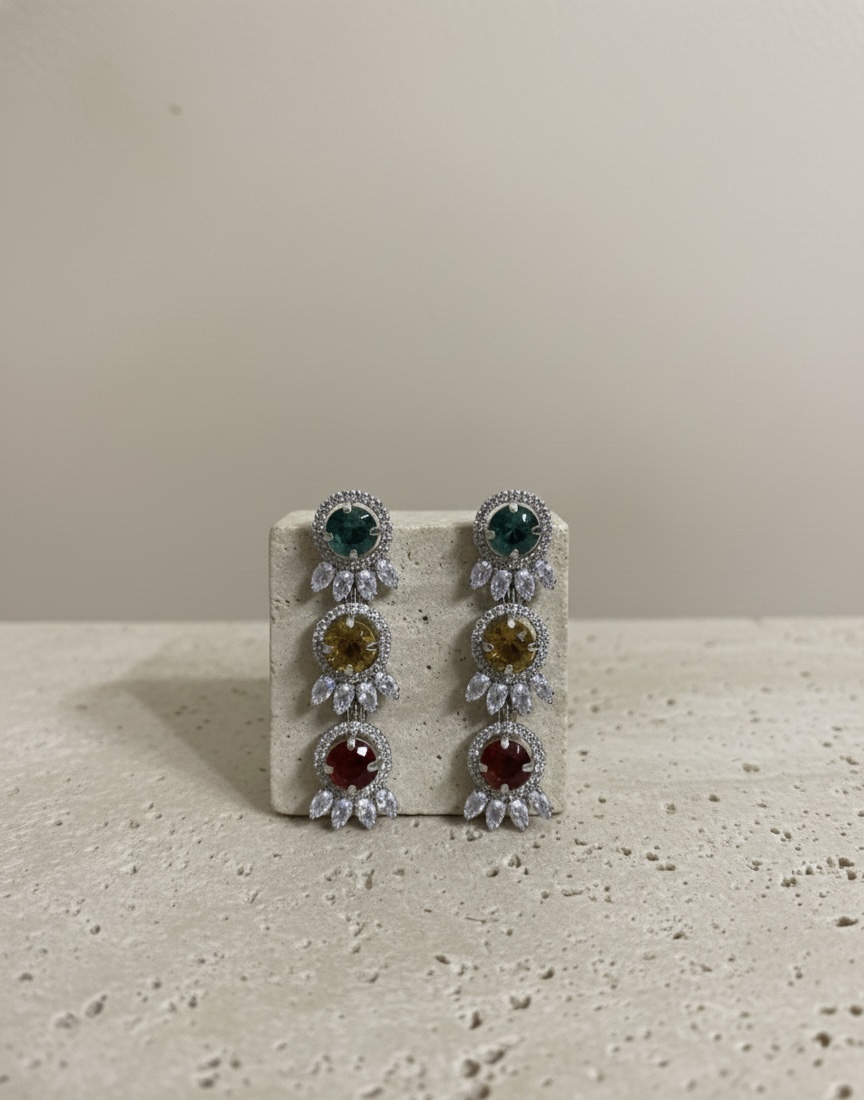 Aurora Trio Drop Earrings | Multicolour Crystal Statement Wear - Image 1
