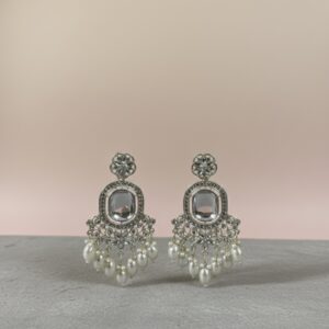Silver Mirror-Stone & Pearl Chandelier Earrings | PocketStone
