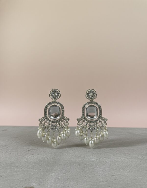 Silver Mirror-Stone & Pearl Chandelier Earrings | PocketStone