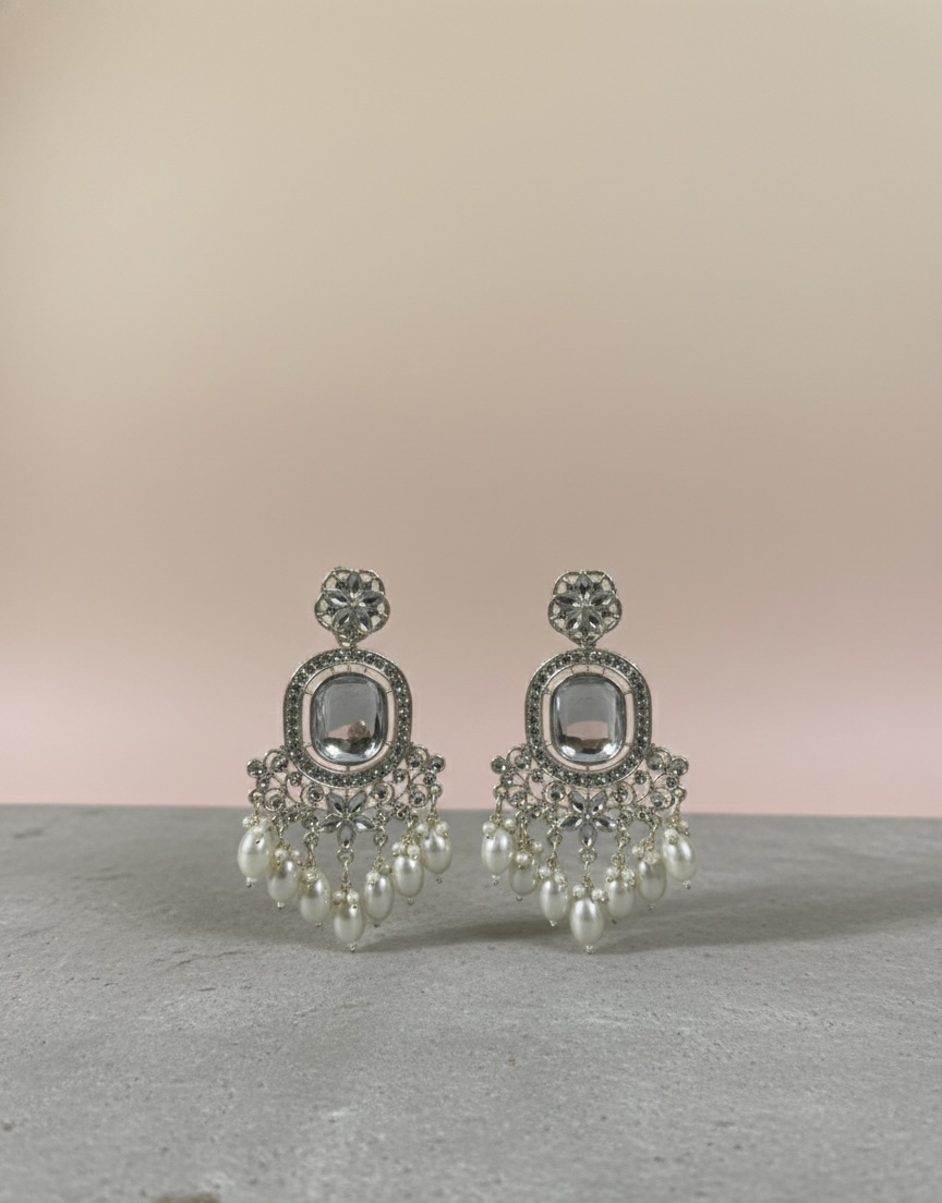 Silver Mirror-Stone & Pearl Chandelier Earrings | PocketStone - Image 1