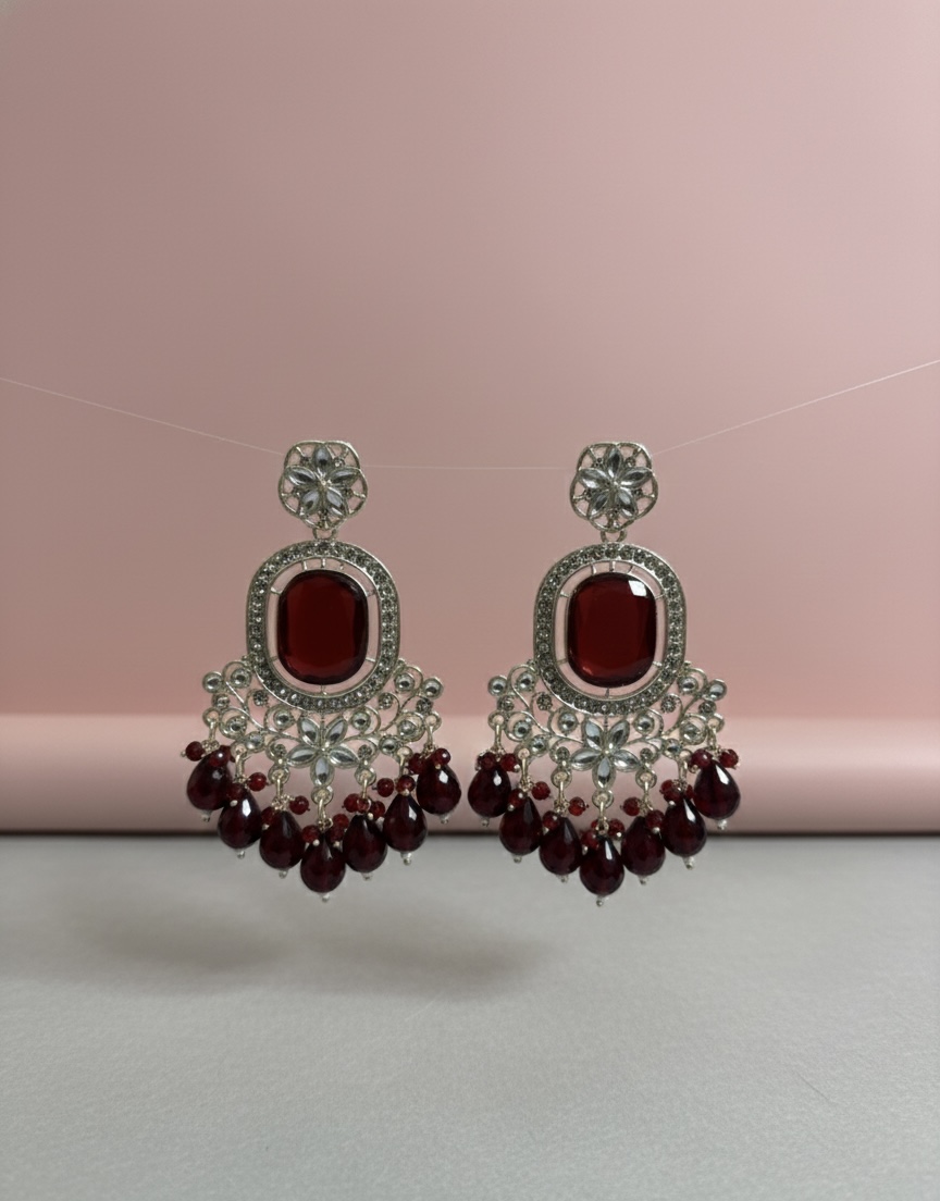 Silver Red Stone & Beaded Chandelier Earrings | PocketStone - Image 1