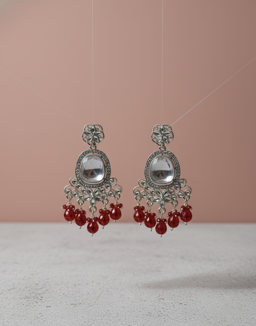 Mirror Chandelier Earrings with Red Bead Drops | PocketStone - Image 1